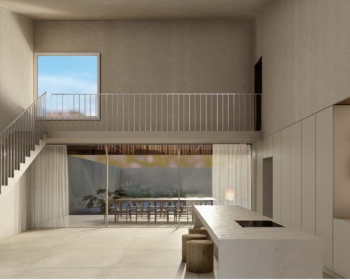 Interior de vivienda con doble altura, cocina integrada y diseño arquitectónico moderno en Valencia