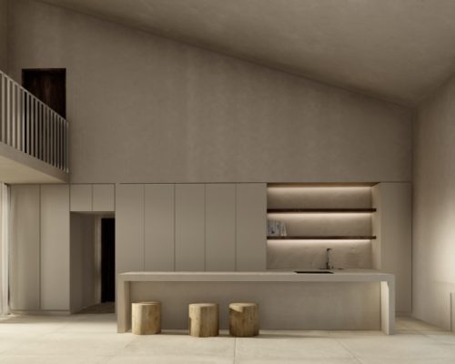 Cocina moderna con acabados de hormigón y mobiliario de diseño en vivienda de obra nueva en Valencia