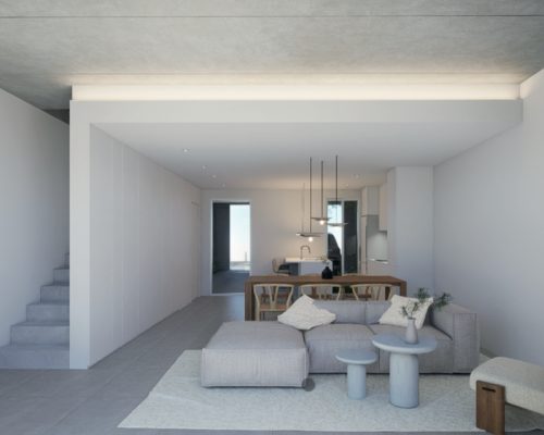 Salón comedor de diseño abierto en vivienda de obra nueva en Valencia