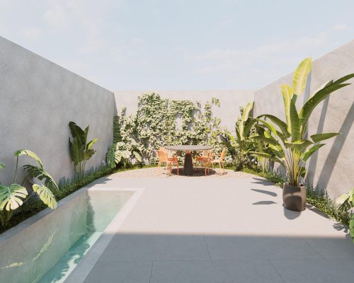 Patio privado con piscina y zona exterior en vivienda unifamiliar de diseño moderno en Valencia