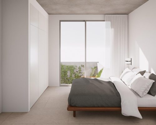 Dormitorio principal en casa unifamiliar de obra nueva, decoración moderna y luz natural en Valencia