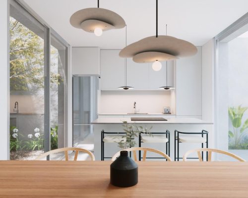 Interior de vivienda moderna con cocina luminosa, diseño minimalista de alta calidad en Valencia